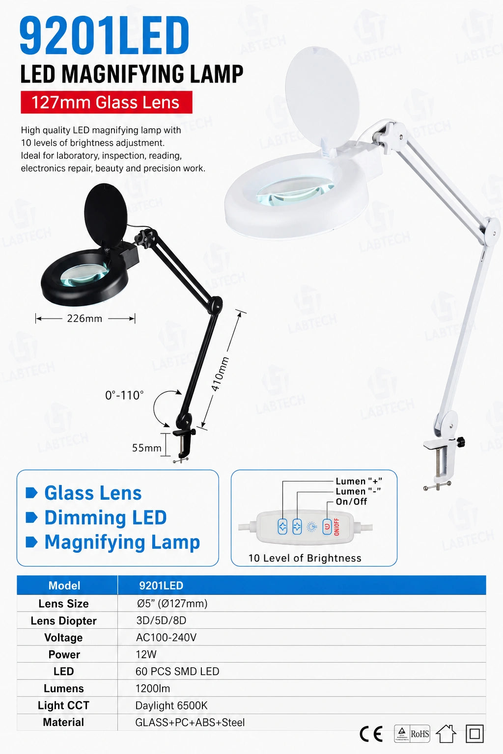 9201LED LED Magnifying Lamp – 127 mm Glass Lens, 3D/5D/8D Diopter