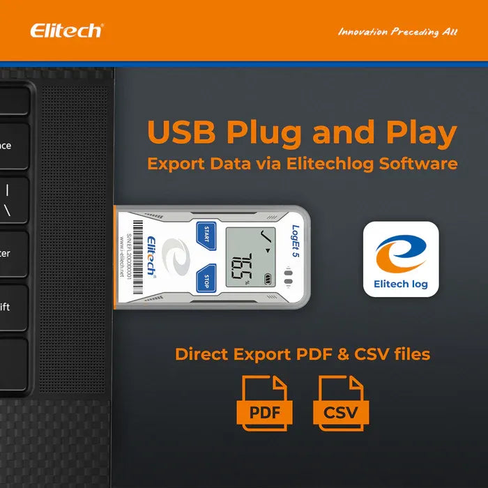 Elitech LogEt 5 THE Temperature and Humidity Data Logger Reusable Recorder with External Probe, Shadow Data, Auto PDF/ CSV Report, 32000 Points