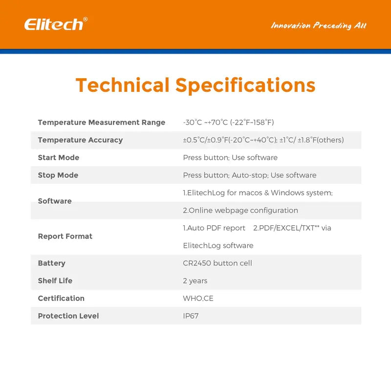 Elitech LogEt 1 Temperature Data Logger Single Use PDF Report USB Port 16000 Points，-30℃-70℃/-22℉-158℉