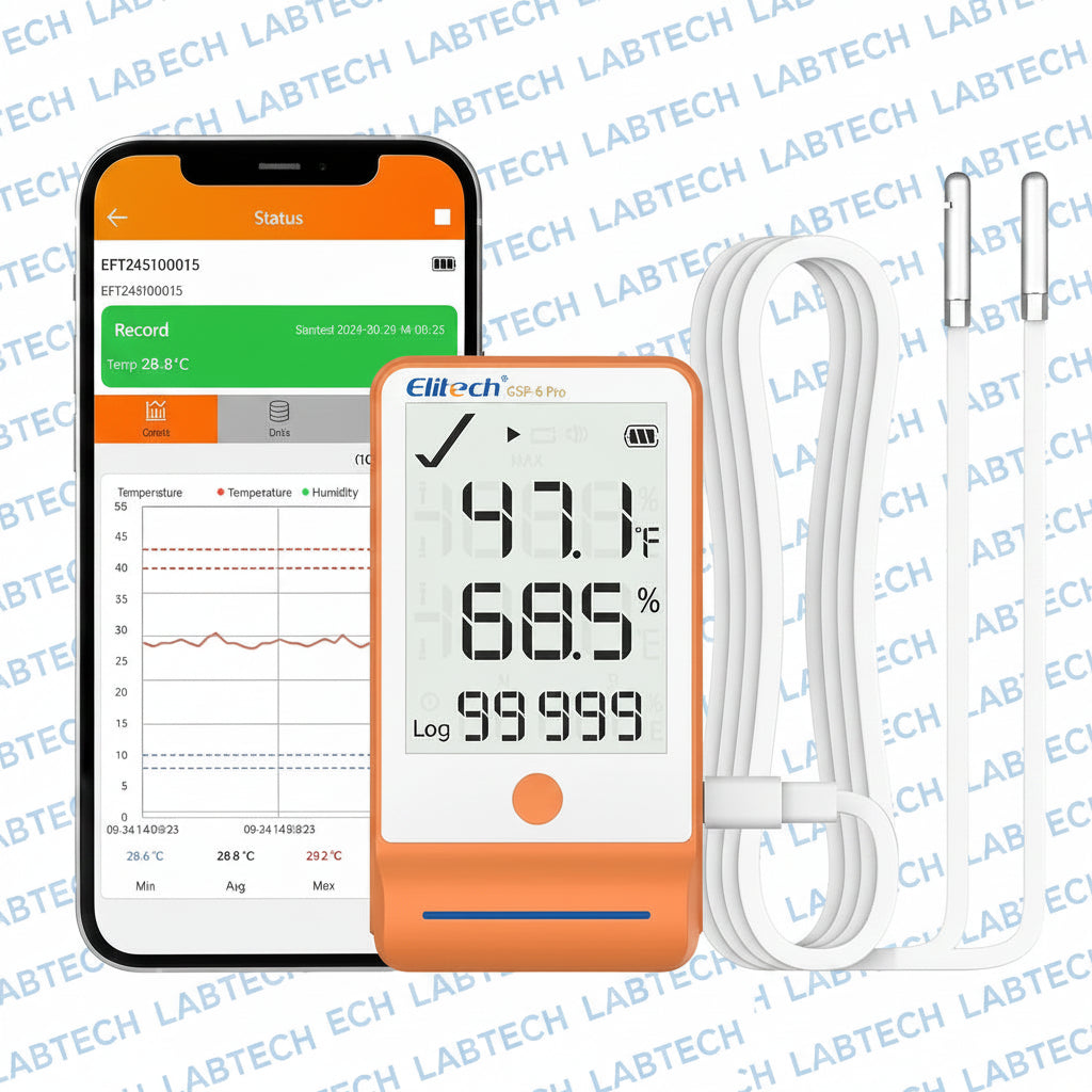 Elitech GSP-6 Bluetooth Data Logger Temperature Humidity for Refrigerator with Shadow Data 100000 Points Export PDF/CSV Report, Pharmacy Vaccine DDL Certificate, MAX MIN with Dual Probe,GSP-6Pro-TE/THE